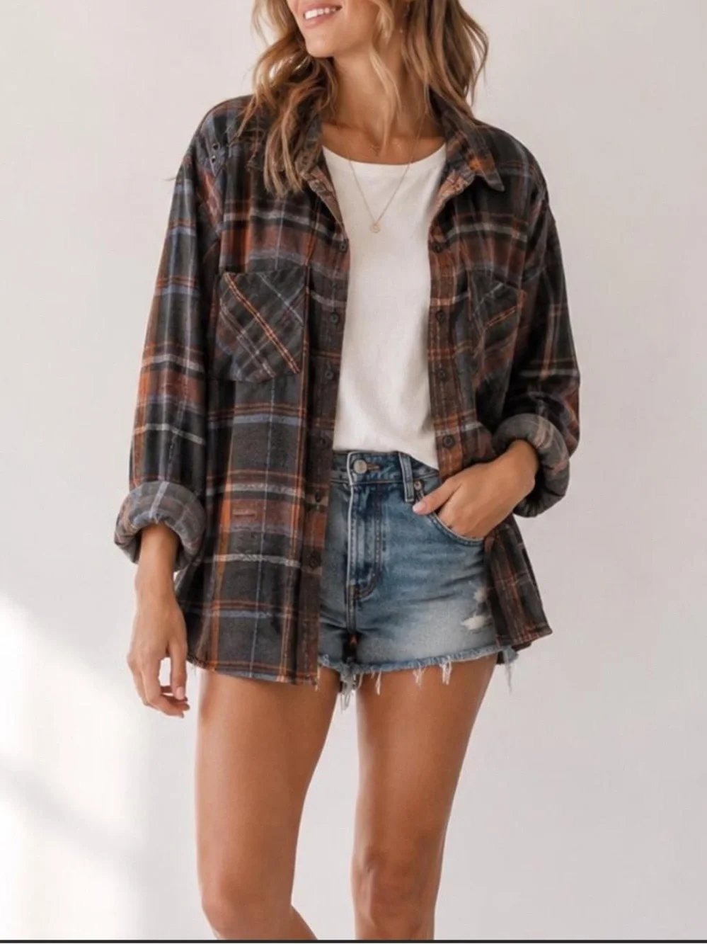 Free People Wesley plaid boyfriend shirt S